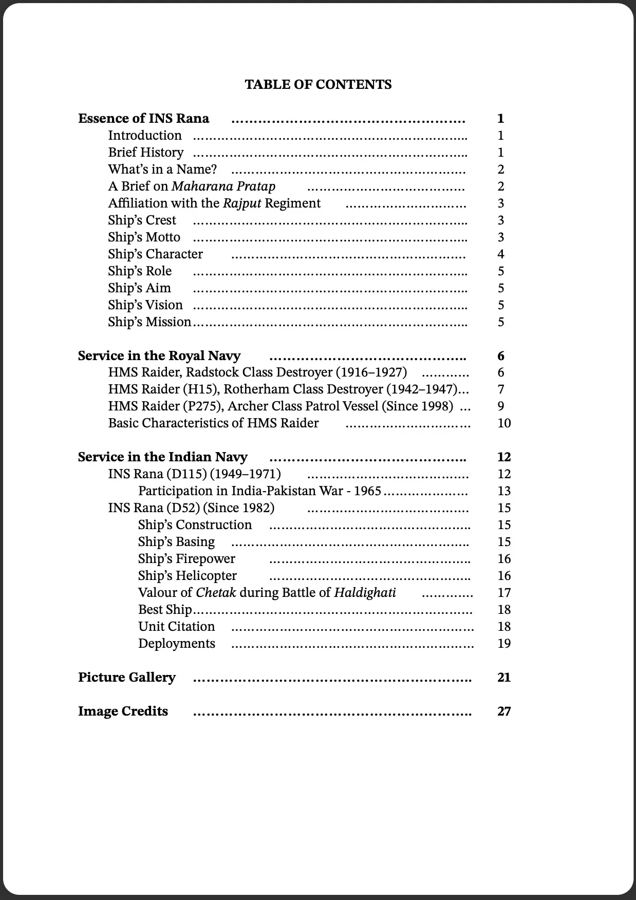 Table of Contents Page from Book Essence of INS Rana